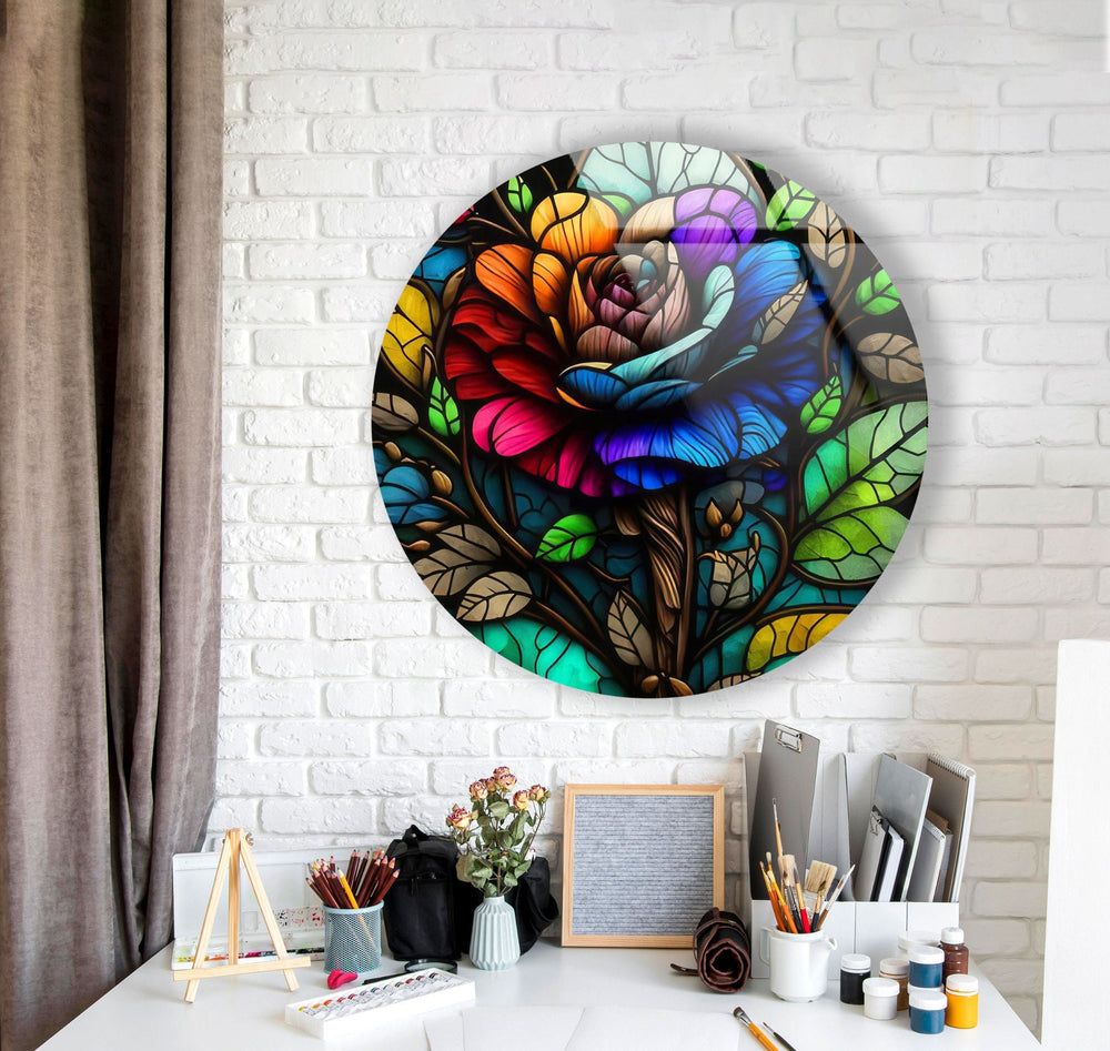 Stained Colored Rose Round Glass Wall Art picture on glass wall art, photos printed on glass
