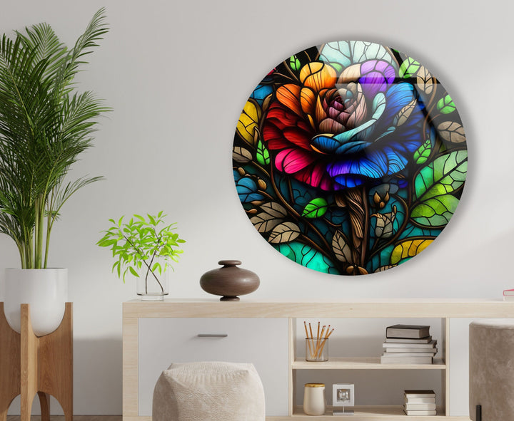 Stained Colored Rose Round Glass Wall Art glass photo prints, glass picture prints
