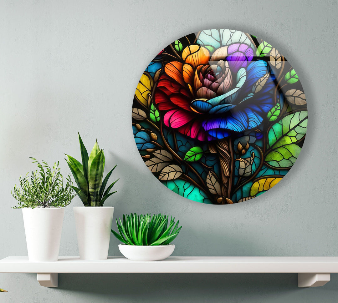 Stained Colored Rose Round Glass Wall Art Glass Printing Wall Art, Print photos on glass
