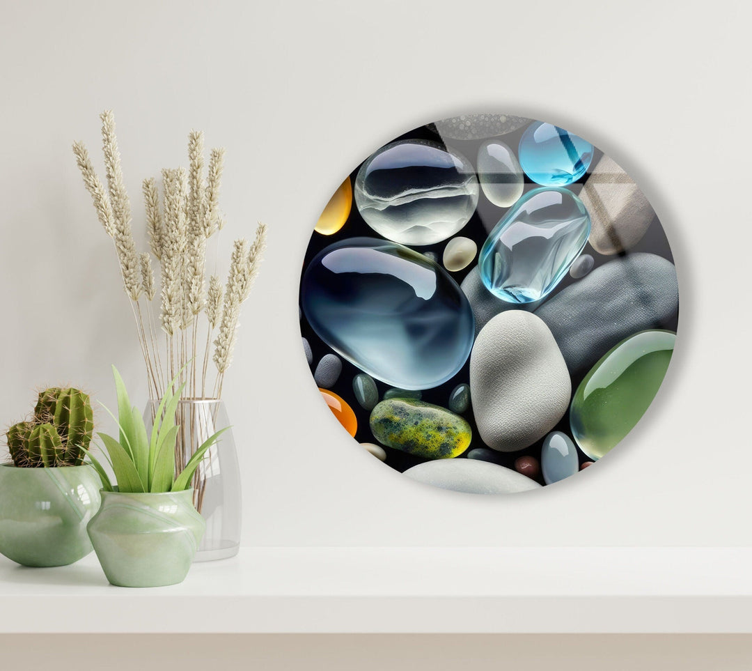 Blue & Gray Zen Spa Stones Round Glass Wall Art print picture on glass, Tempered Glass Wall Art
