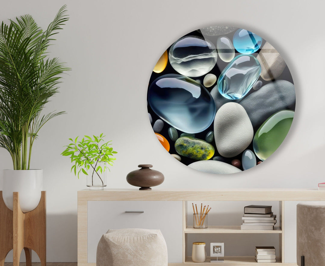 Blue & Gray Zen Spa Stones Round Glass Wall Art glass art painting, glass art for the Wall
