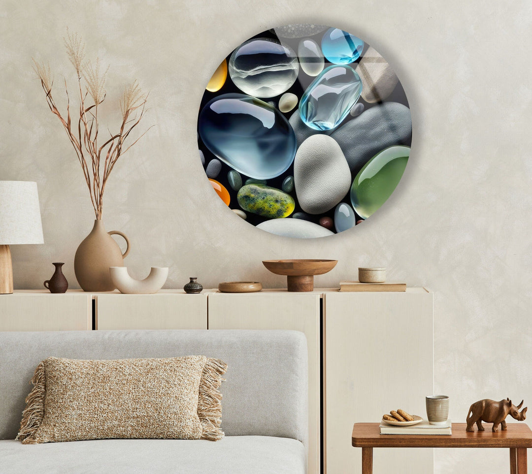 Blue & Gray Zen Spa Stones Round Glass Wall Art glass photo prints, glass picture prints
