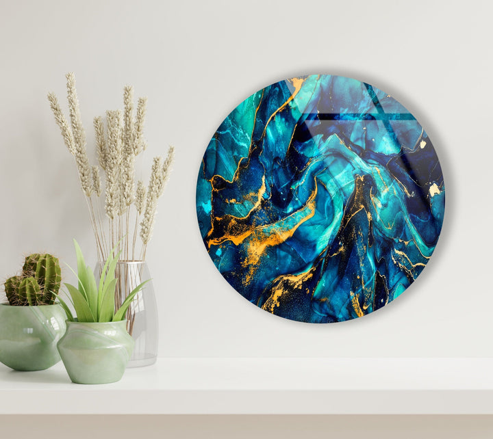 Abstract Round Dark Blue & Gold Glass Wall Art large glass photo prints, glass wall photos
