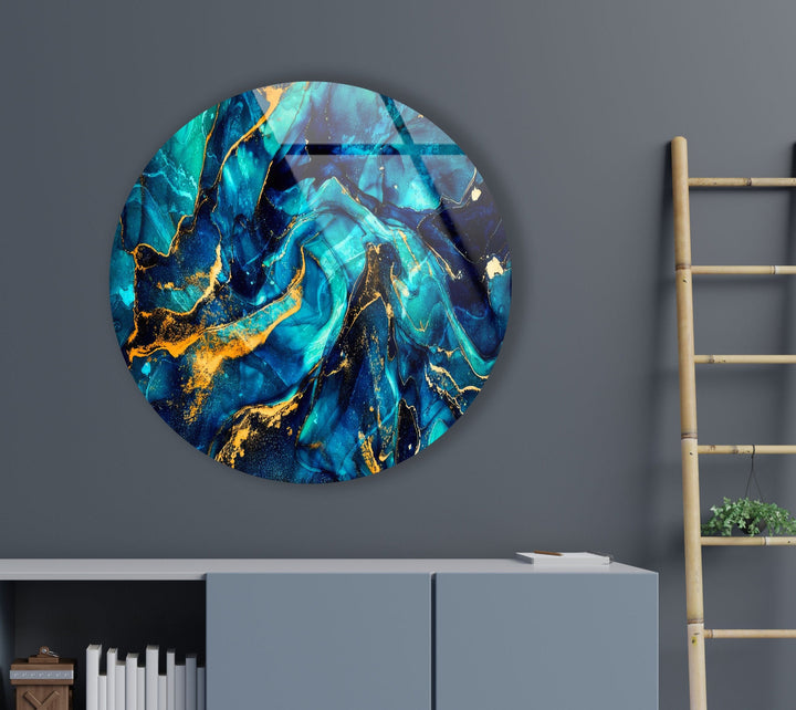 Abstract Round Dark Blue & Gold Glass Wall Art custom glass photo prints, large glass prints
