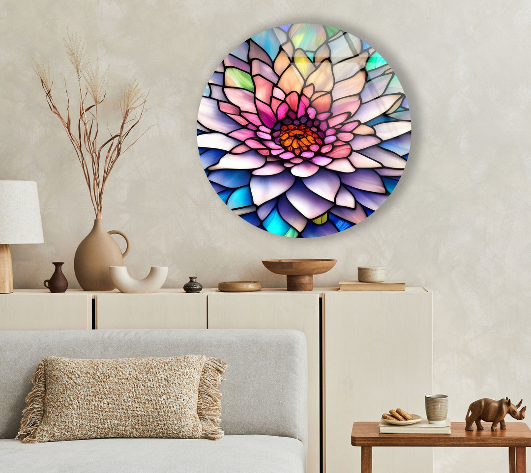 Pink Flower Details Stained Round Glass Wall Art glass wall decor, glass wall art decor
