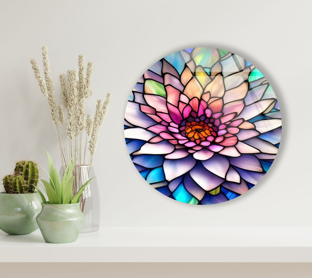 Pink Flower Details Stained Round Glass Wall Art art glass wall art, glass wall art pictures
