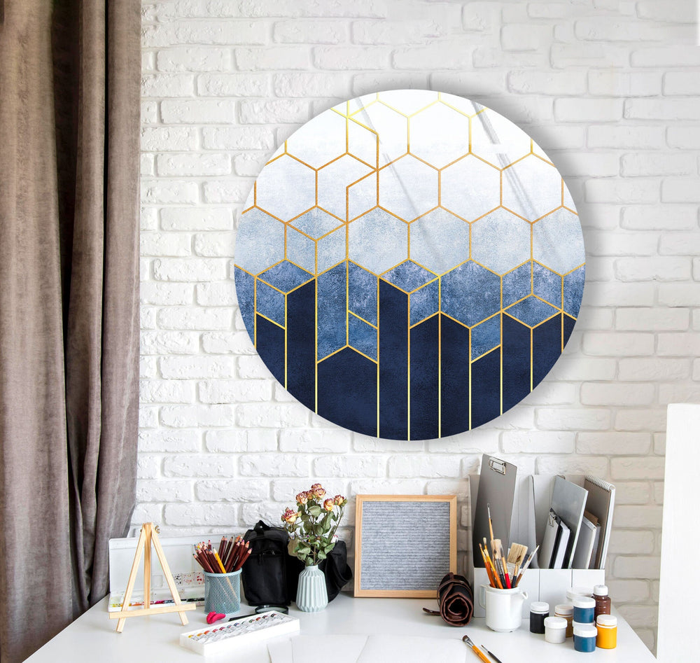 Gold Hexagons Patterned Round Glass Wall Art glass wall decor, glass wall art decor
