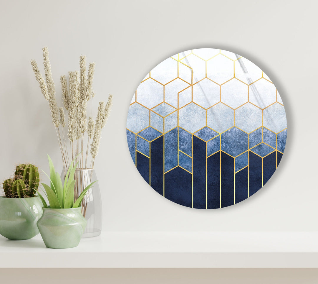 Gold Hexagons Patterned Round Glass Wall Art Glass Printing Wall Art, Print photos on glass
