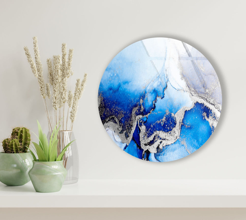 Blue Marble Round with Silver Details Glass Wall Art glass wall decor, glass wall art decor
