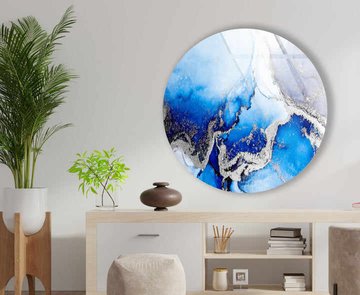 Blue Marble Round with Silver Details Glass Wall Art art glass wall art, glass wall art pictures
