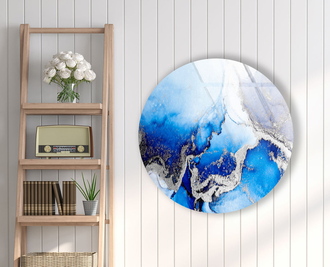 Blue Marble Round with Silver Details Glass Wall Art glass pictures for Wall, glass prints wall art
