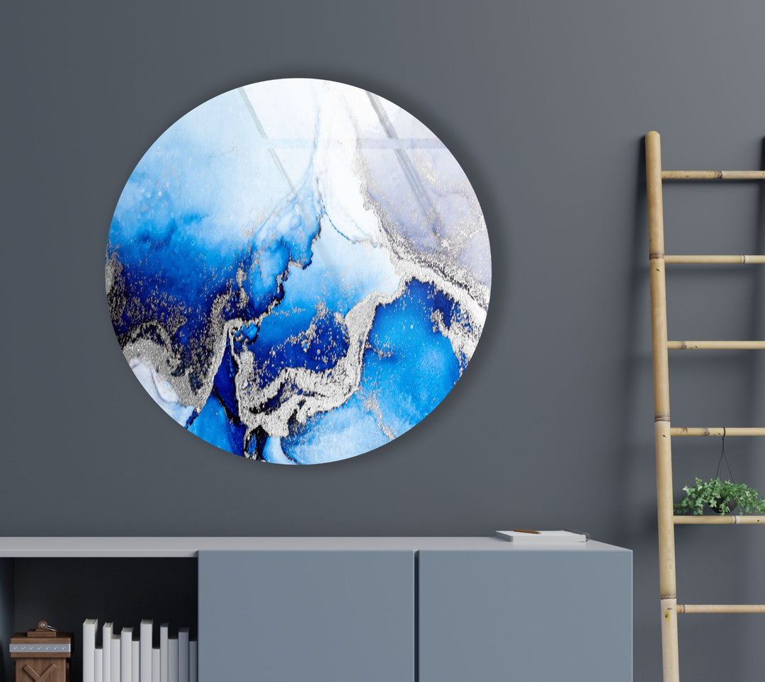 Blue Marble Round with Silver Details Glass Wall Art custom glass pictures, glass art prints
