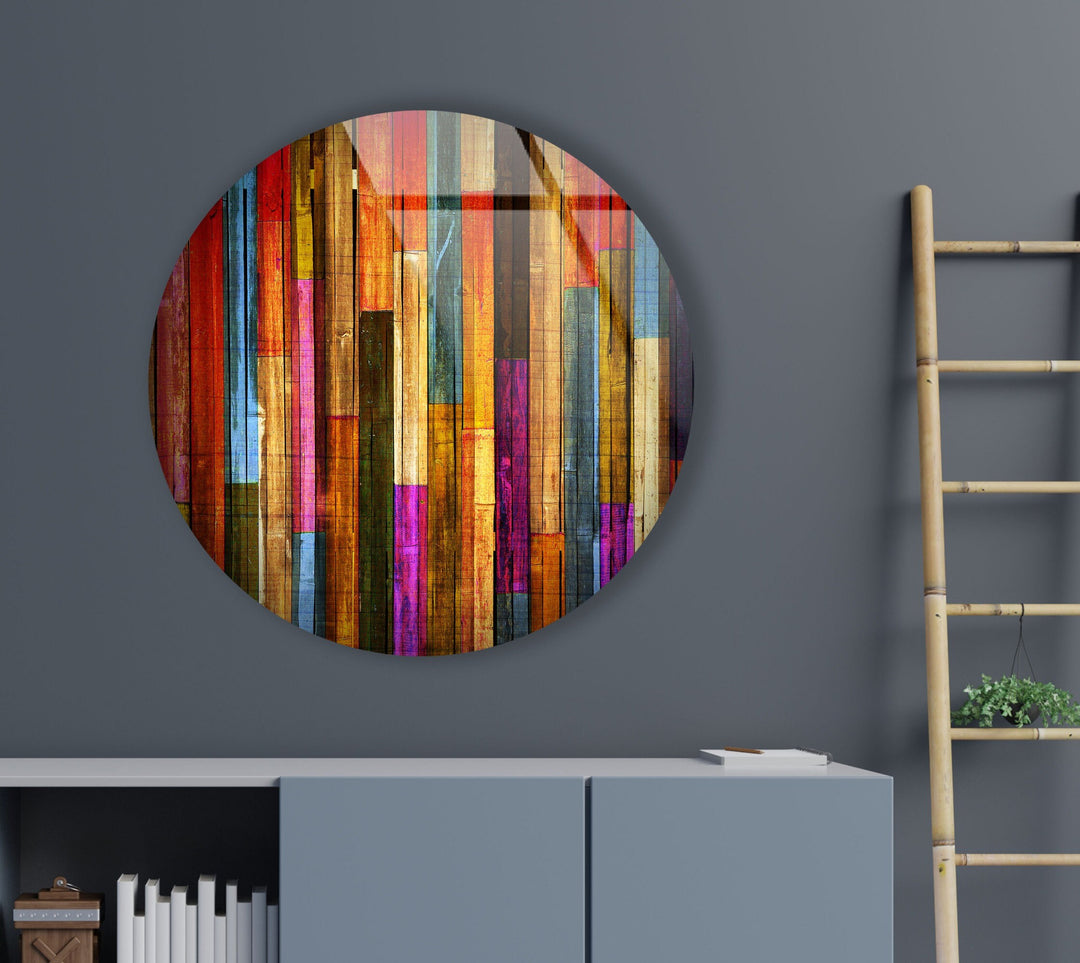 Colorful Wood Pattern Round Glass Wall Art glass pictures for Wall, glass prints wall art