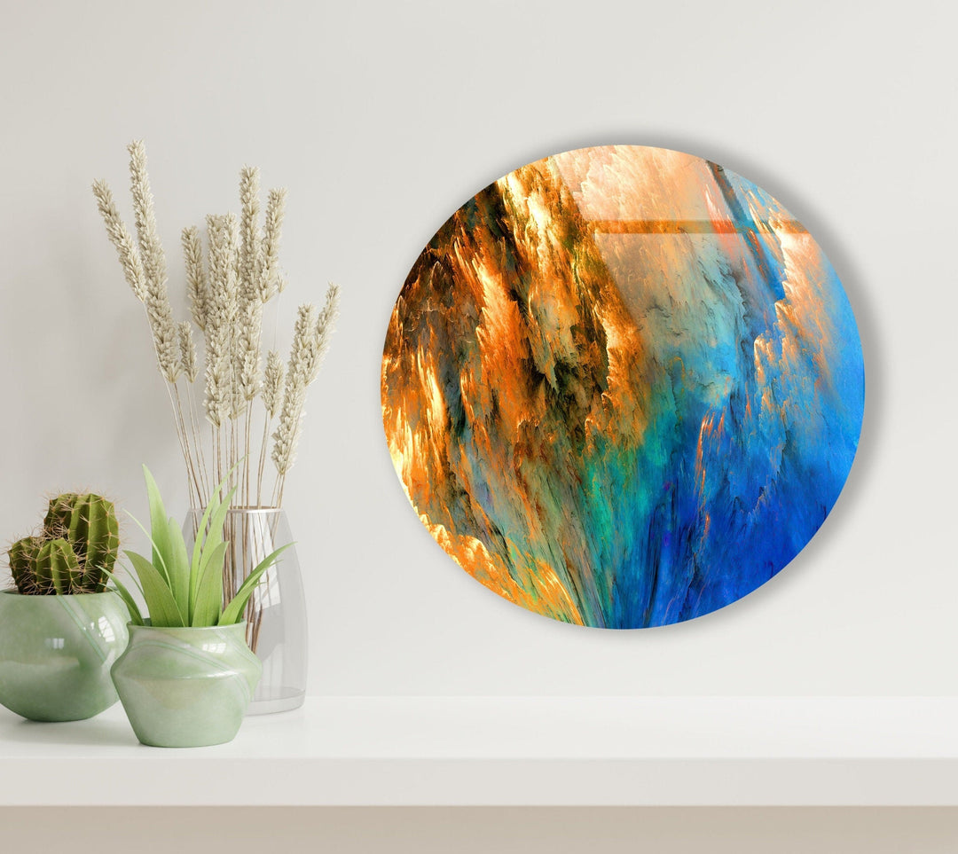 Blue & Orange Abstract Round Glass Wall Art Glass Printing Wall Art, Print photos on glass
