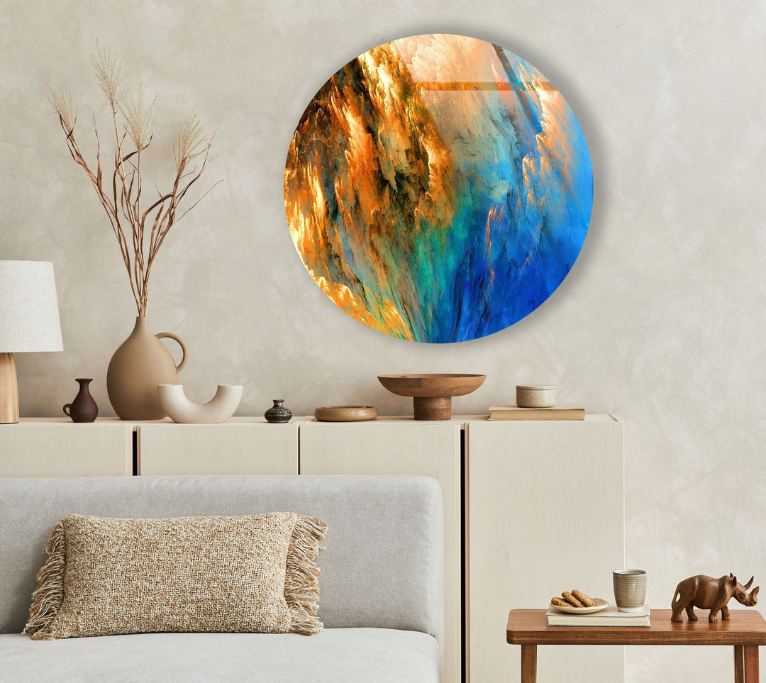 Blue & Orange Abstract Round Glass Wall Art glass photo prints, glass picture prints
