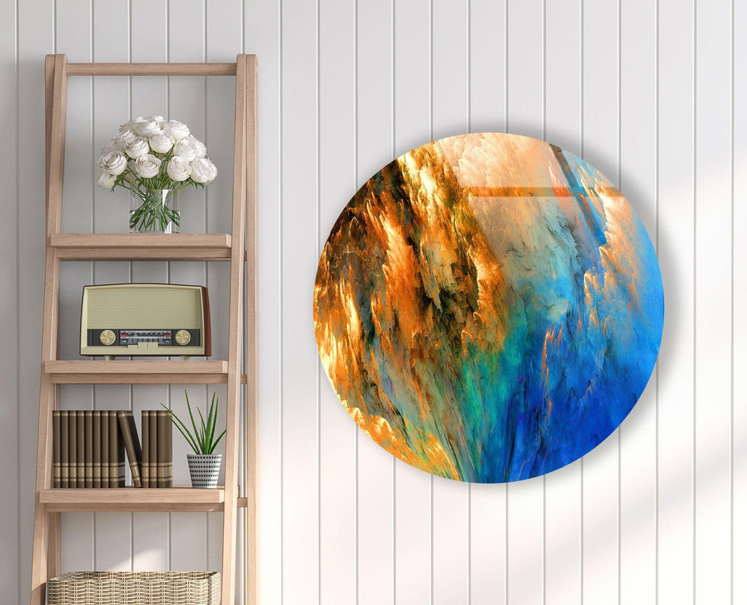 Blue & Orange Abstract Round Glass Wall Art glass pictures for Wall, glass prints wall art
