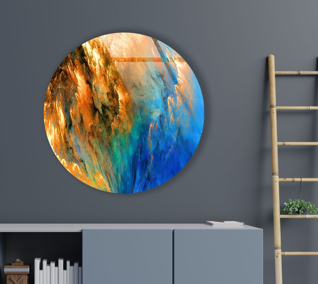 Blue & Orange Abstract Round Glass Wall Art custom glass pictures, glass art prints
