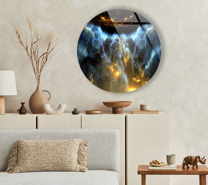 Blue & Gold Abstract Round Glass Wall Art