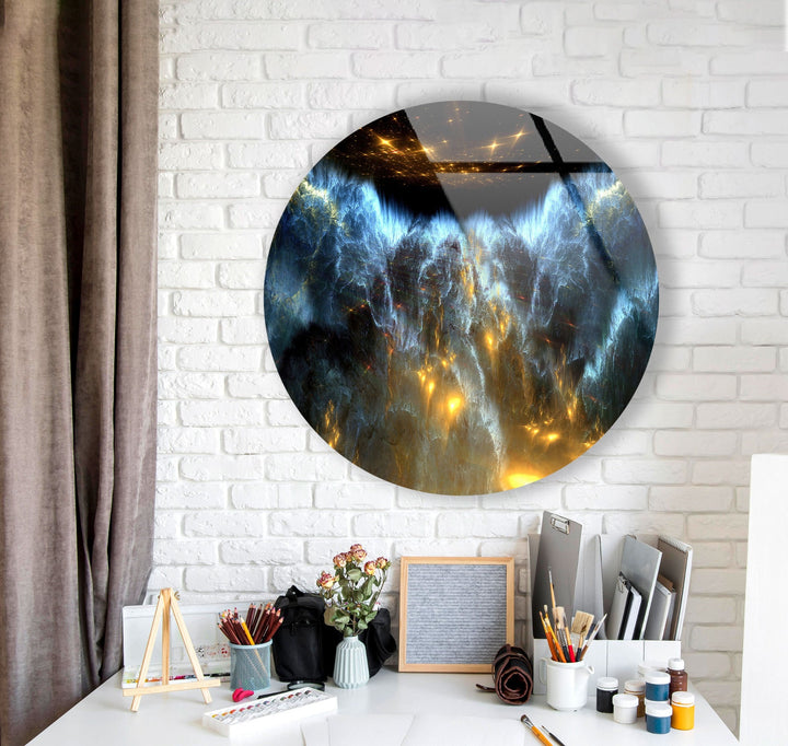 Blue & Gold Abstract Round Glass Wall Art Glass Printing Wall Art, Print photos on glass
