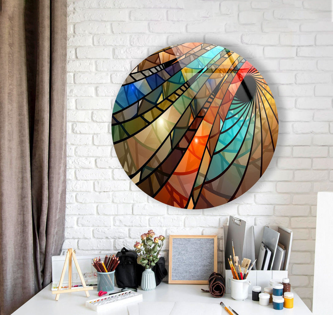 Colorful Vortex Stained Round Glass Wall Art large glass photo prints, glass wall photos
