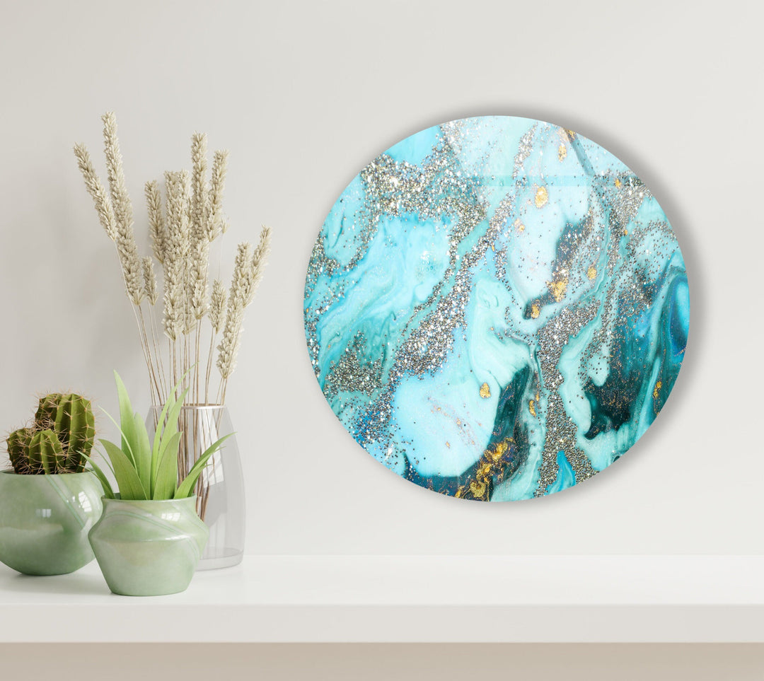 Blue Marble with Silver Details Round Glass Wall Art art glass wall art, glass wall art pictures