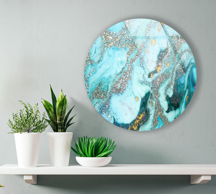 Blue Marble with Silver Details Round Glass Wall Art glass art painting, glass art for the Wall