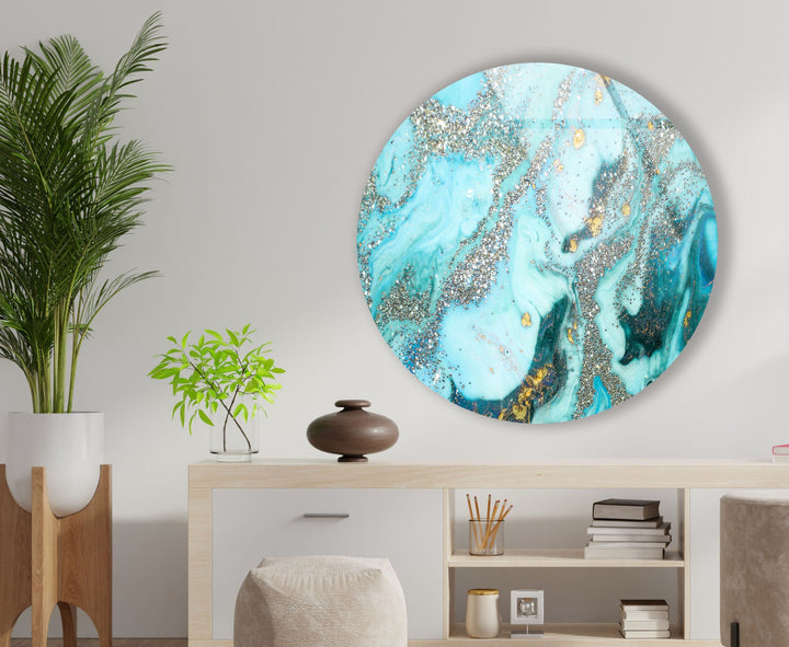 Blue Marble with Silver Details Round Glass Wall Art glass photo prints, glass picture prints