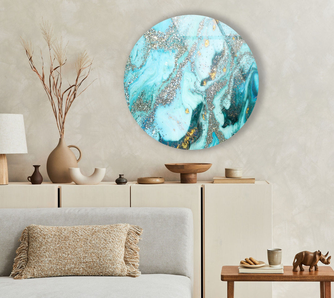 Blue Marble with Silver Details Round Glass Wall Art glass wall decor, glass wall art decor