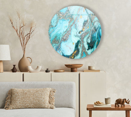 Blue Marble with Silver Details Round Glass Wall Art