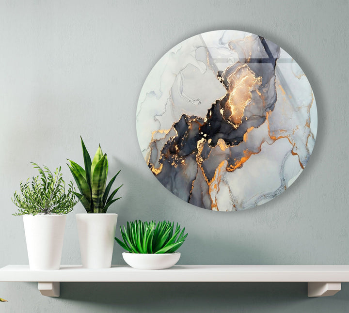 Gold Details Gray Marble Round Glass Wall Art custom glass pictures, glass art prints
