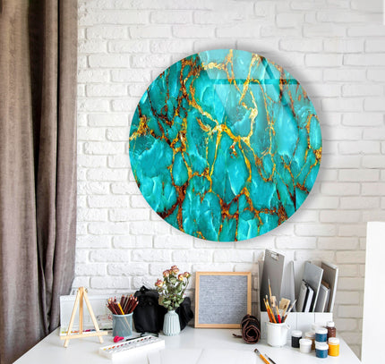 Green Marble with Gold Veins Round Glass Wall Art