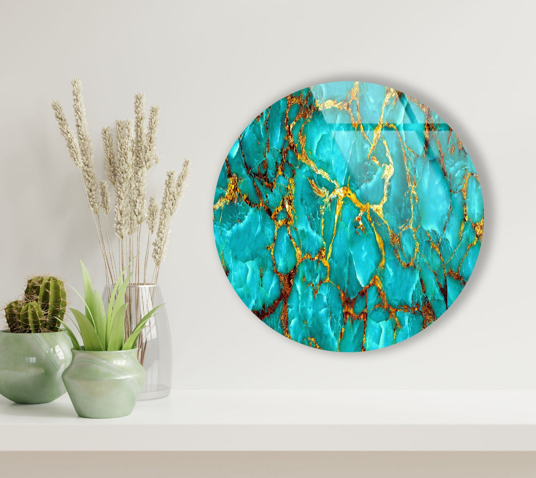 Green Marble with Gold Veins Round Glass Wall Art large glass photo prints, glass wall photos