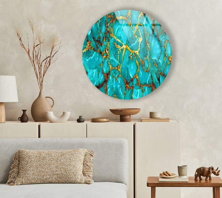 Green Marble with Gold Veins Round Glass Wall Art 