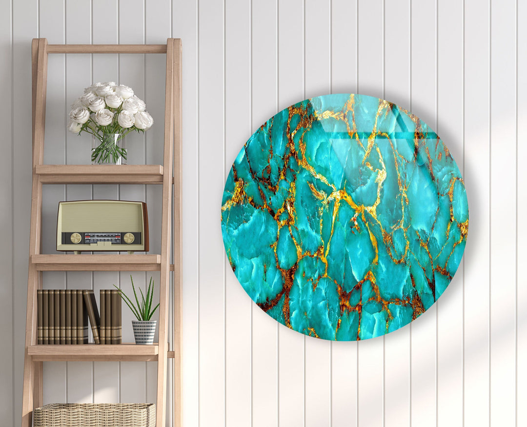 Green Marble with Gold Veins Round Glass Wall Art print on glass, glass printed photos