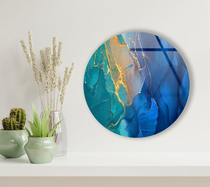 Modern Blue Marble Abstract Round Glass Wall Art custom glass pictures, glass art prints