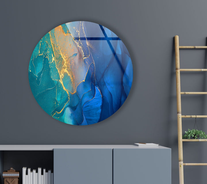 Modern Blue Marble Abstract Round Glass Wall Art photo print on glass, prints on glass wall art