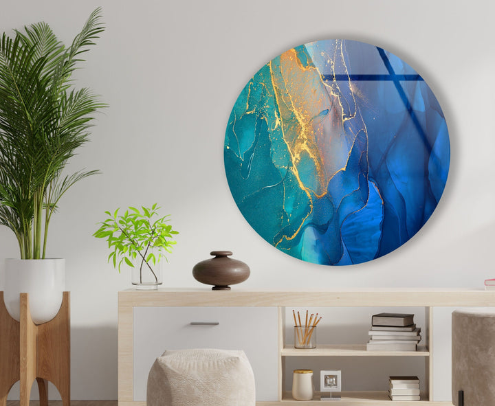 Modern Blue Marble Abstract Round Glass Wall Art large glass photo prints, glass wall photos