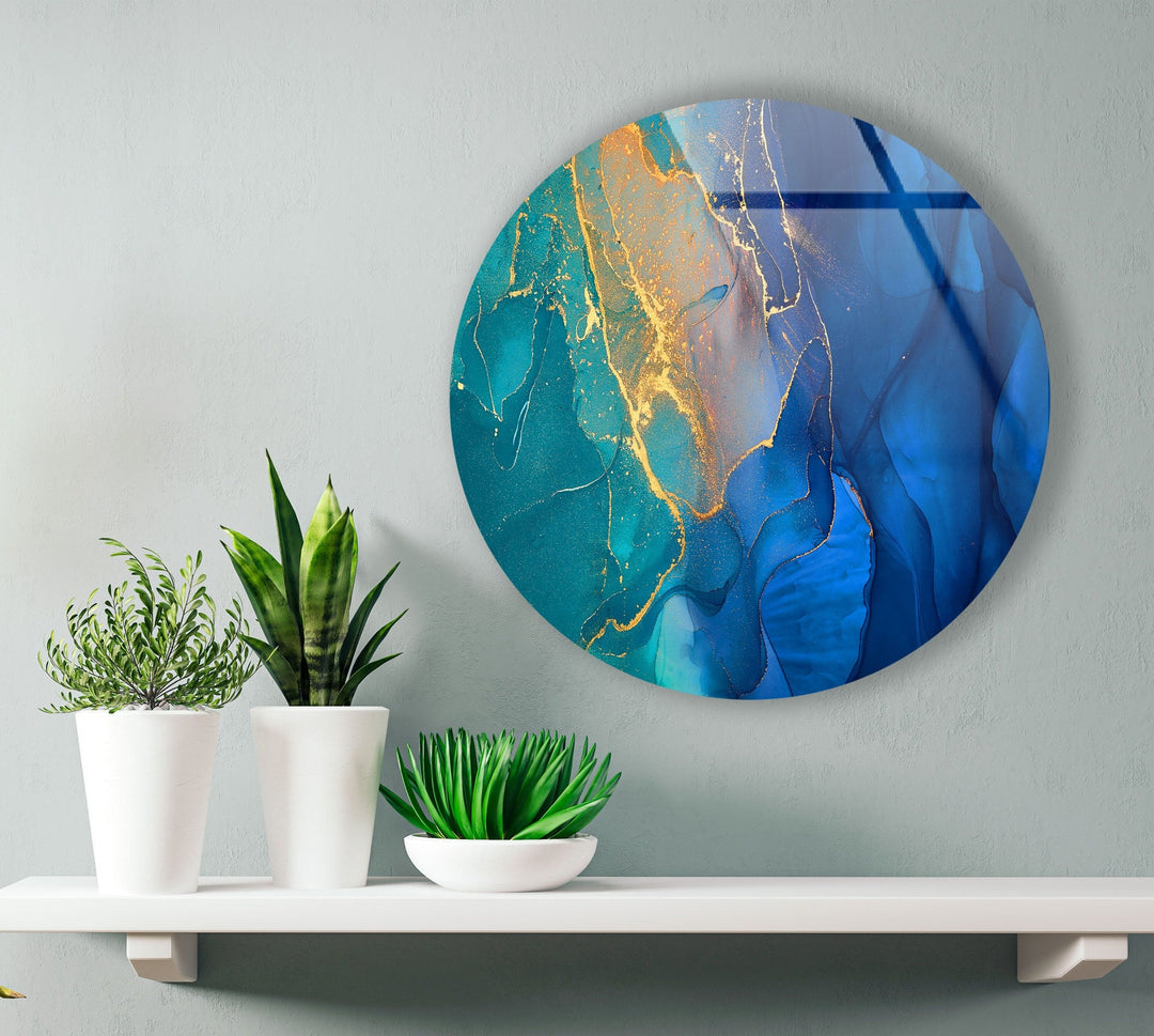 Modern Blue Marble Abstract Round Glass Wall Art picture on glass wall art, photos printed on glass