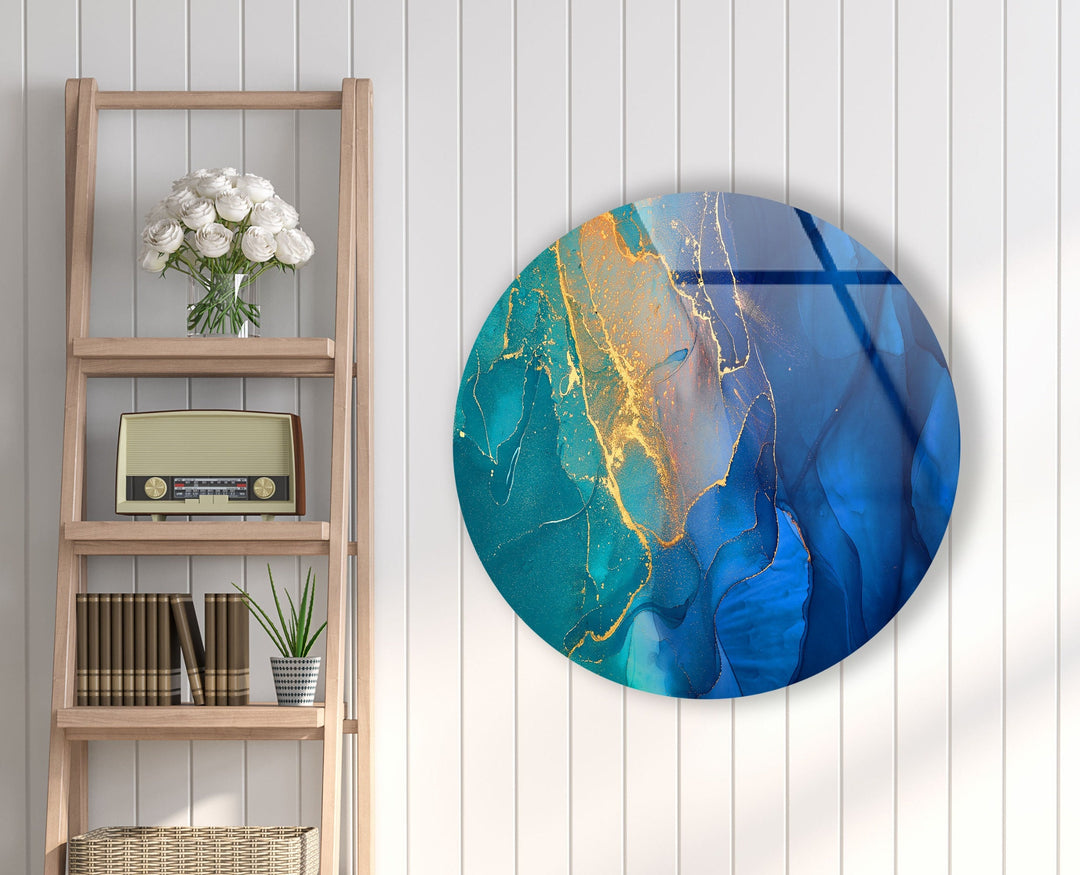 Modern Blue Marble Abstract Round Glass Wall Art print on glass, glass printed photos