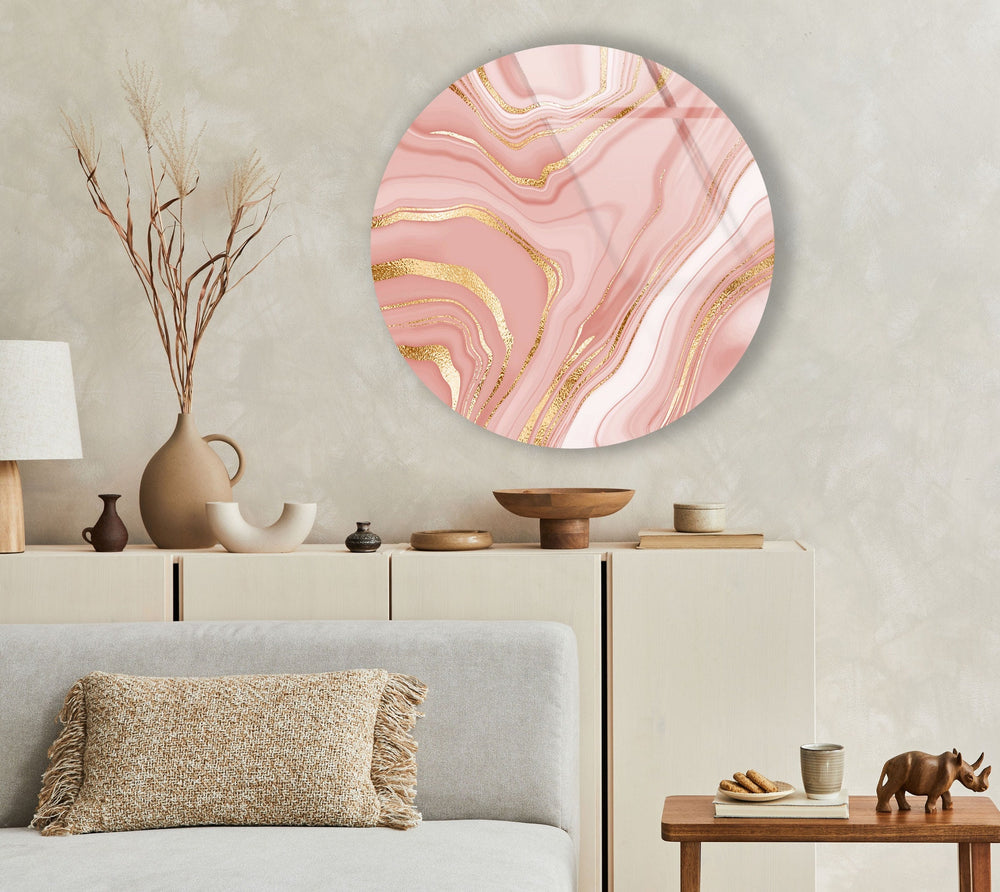 Pink Abstract with Gold Details Round Glass Wall Art glass wall decor, glass wall art decor
