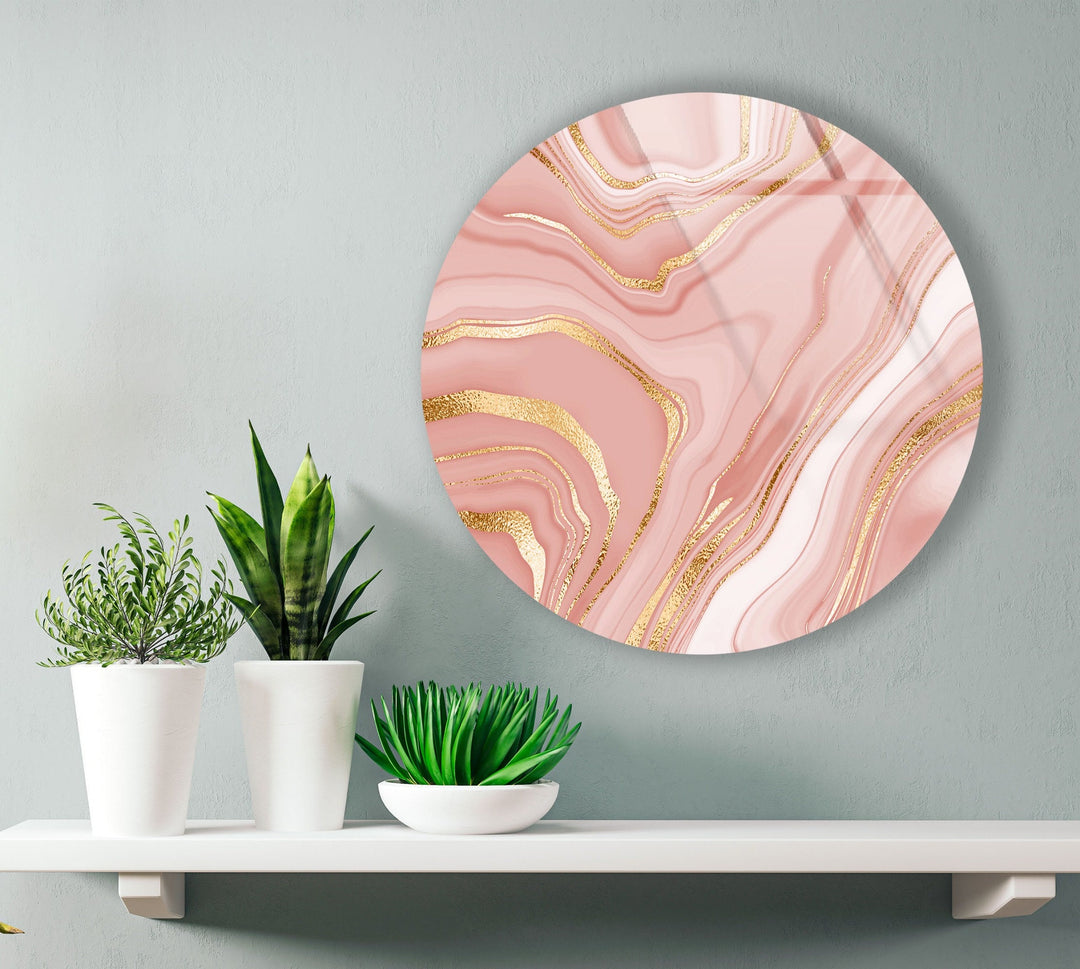 Pink Abstract with Gold Details Round Glass Wall Art glass photo prints, glass picture prints
