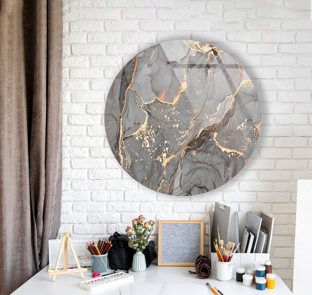 Gray & Gold Marble Round Glass Wall Art stained glass wall art, stained glass wall decor
