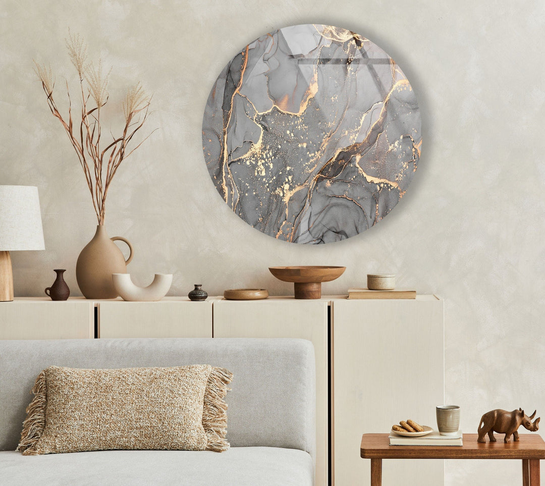 Gray & Gold Marble Round Glass Wall Art art glass wall art, glass wall art pictures
