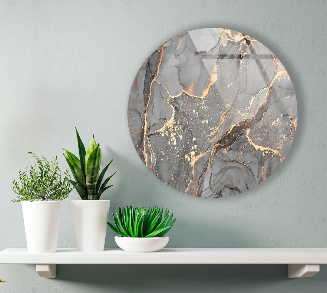 Gray & Gold Marble Round Glass Wall Art Glass Printing Wall Art, Print photos on glass
