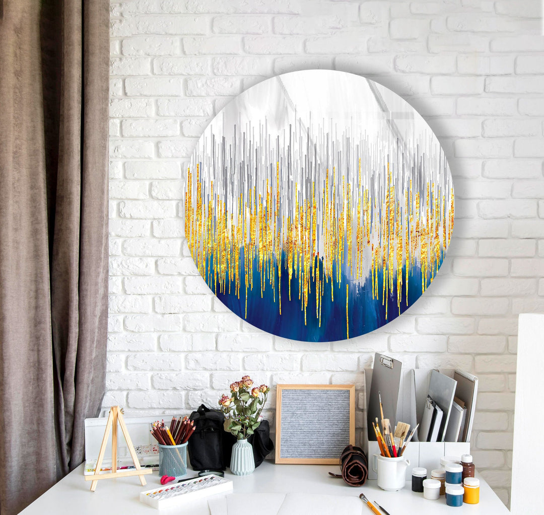 Gold Details with Blue Abstract Round Glass Wall Art glass art painting, glass art for the Wall