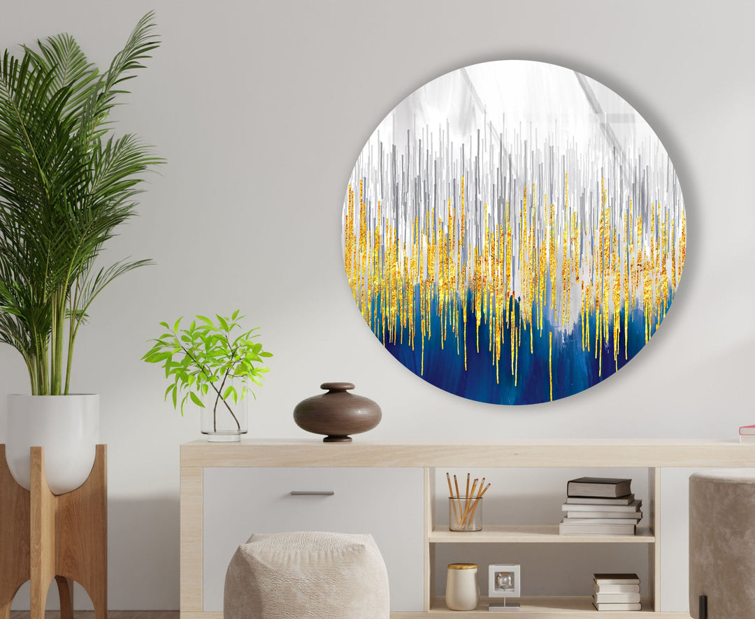 Gold Details with Blue Abstract Round Glass Wall Art Glass Printing Wall Art, Print photos on glass