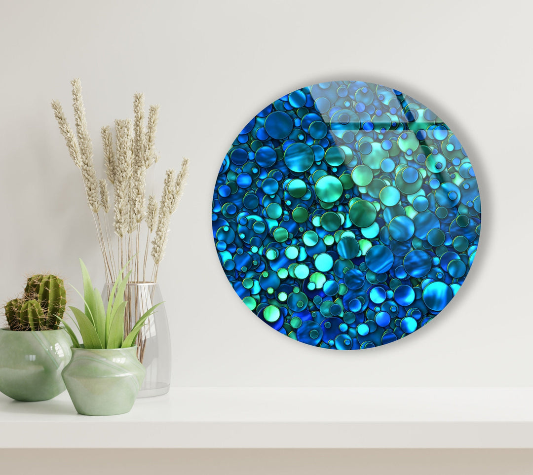 Blue Circles Abstract Round Glass Wall Art glass art painting, glass art for the Wall