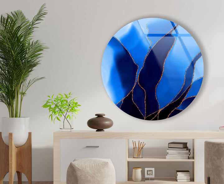 Abstract Round Black & Blue Glass Wall Art custom glass photo prints, large glass prints
