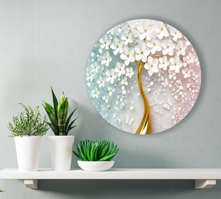 Tree with Golden Trunk Round Glass Wall Art glass image printing, glass prints from photos