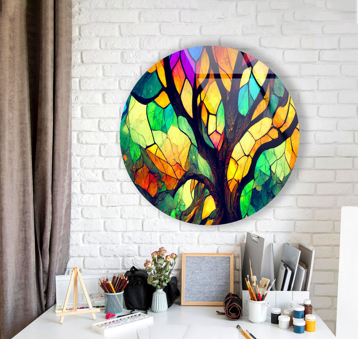 Stained Round Brown & Yellow Glass Wall Art glass art painting, glass art for the Wall
